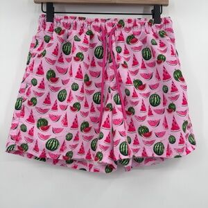 Happy Hour Swim Trunks Men Small Pink Watermelon Mesh Lined Shorts Elastic Waist